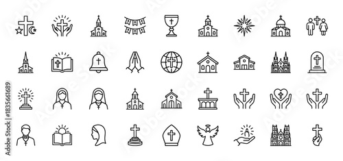Christianity and religion line icon set. Vector pictograms of cross, church, bible, priest, and chalice, thin outline illustration.