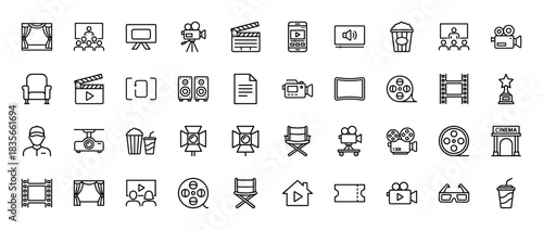 Movie production and cinema line icon set. Vector pictograms of camera, clapboard, film, projector, and screen, thin outline illustration.