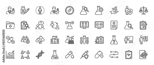 Medical and pharmaceutical research line icon set. Vector pictograms of doctor, syringe, pills, test tubes, and flask, thin outline illustration.