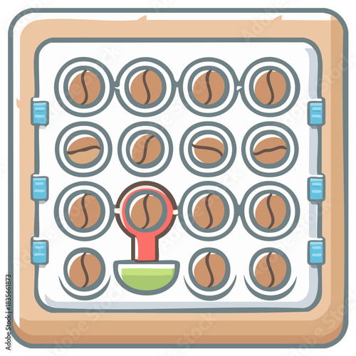 Cartoon of a coffee beans calendar with a coffee bean being highlighted with a red marker