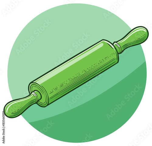 Vibrant green rolling pin tool with handles on a circular mint green background