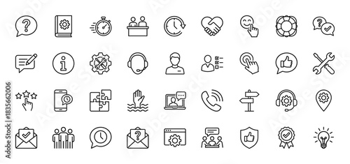 Customer service and support line icon set. Vector pictograms of feedback, assistance, operator, and faq, thin outline illustration.