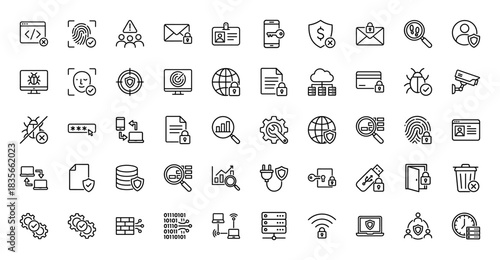 Cybersecurity and digital protection line icon set. Vector pictograms of fingerprint, password, firewall, bug, and data security, thin outline illustration.