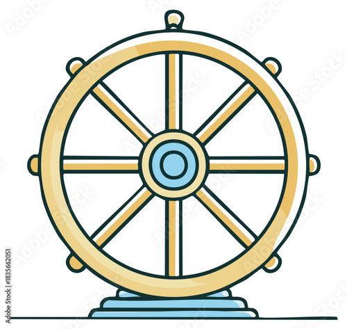 Cartoon illustration of a dharma wheel, Buddhist symbol of the path to enlightenment