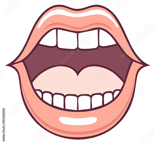 Cartoon lips wide open showing teeth and tongue with glossy shine