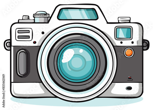 Classic analog camera illustration in cartoon style with a distinctive bright blue lens
