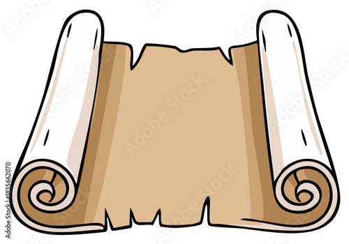 Old blank parchment scroll illustration with torn and rolled edges