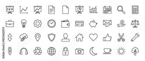 Business and finance icon set. Vector pictograms of charts, calendar, calculator, wallet, and credit card, thin outline illustration.