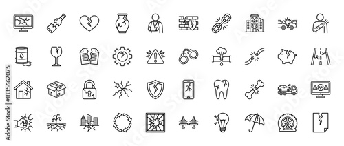 Damage and insurance line icon set. Vector pictograms of broken screen, cracked glass, car accident, and house damage, thin outline illustration.