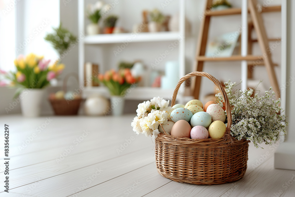 Obraz premium Pastel-colored eggs rest in basket surrounded by spring flowers and blooms.