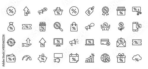 Marketing and shopping line icon set. Vector pictograms of sale, discount, percent, coupon, and store, thin outline illustration.