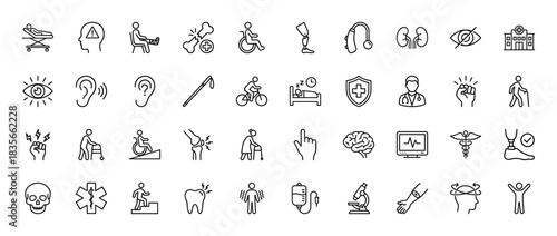 Healthcare and disability line icon set. Vector pictograms of wheelchair, broken bone, brain, and hospital, thin outline illustration.