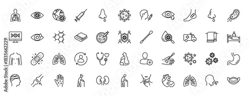 Medical and healthcare line icon set. Vector pictograms of syringe, virus, dna, lungs, stomach, and stethoscope, thin outline illustration.