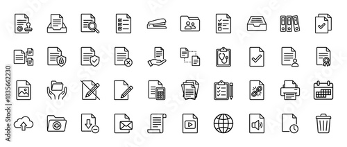 Document and file management line icon set. Vector pictograms of paper, folder, calendar, and checklist, thin outline illustration.