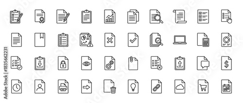 Business document and report line icon set. vector pictograms of checklist, chart, clipboard, contract, and file, thin outline illustration.