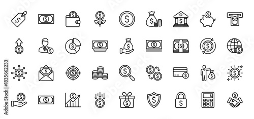 Finance line icon set. Vector pictograms of wallet, cash, bank, growth chart, and coin, thin outline illustration.