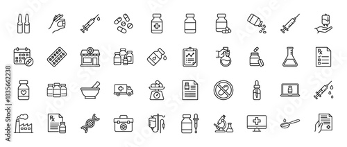 Medical and pharmacy line icon set. Vector pictograms of medicine bottles, syringe, pills, calendar, and delivery truck, thin outline illustration.