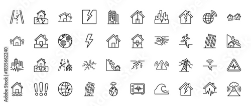 Natural disaster and earthquake line icon set. Vector pictograms of cracked ground, damaged buildings, tsunami, and volcano, thin outline illustration.
