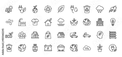 Ecology and environment line icon set. Vector pictograms of solar panel, wind, recycling, green earth, and electric car, thin outline illustration.