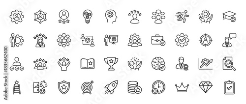 Business and career development line icon set. vector pictograms of achievement, skill, success, target, and quality, thin outline illustration.