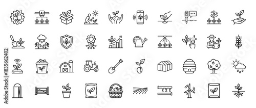 Agriculture and agritech line icon set. Vector pictograms of tractor, greenhouse, drone, farmer, irrigation, barn, silo, harvest and sensor, thin outline illustration.