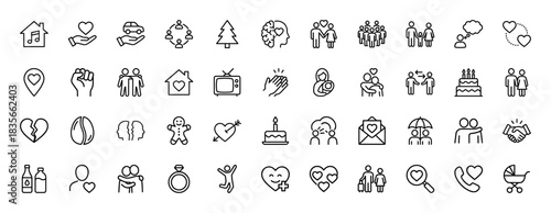 Family and relationship line icon set. Vector pictograms of love, couple, friendship, charity, heart, home, baby, ring, cake, handshake, thin outline illustration.