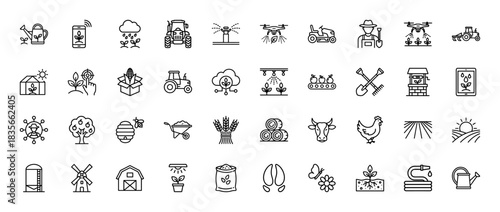 Agriculture and smart farming line icon set. Vector pictograms of drone, tractor, sprinkler, barn, windmill, and crops, thin outline illustration.