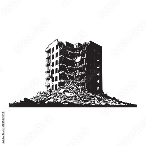 Demolished building silhouette with rubble, destruction concept Vector