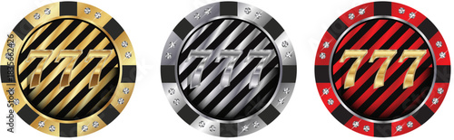 Casino 777 Diamond Poker Chip Set – Gold Silver Red Luxury Gambling Badge – Vector Illustration