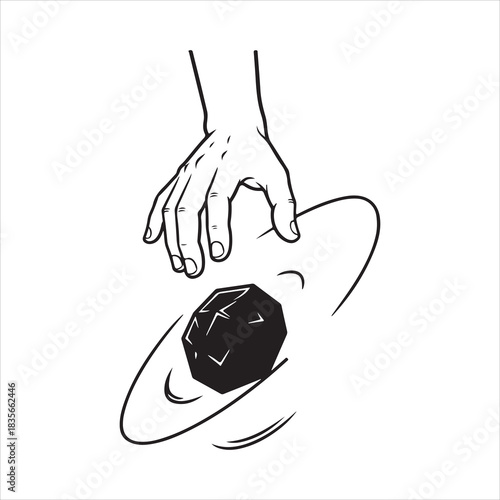 Hand interacting with orbiting asteroid, cosmic control creation Vector