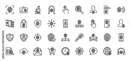 Biometric security line icon set. Vector pictograms of fingerprint scan, id card, microscope, and smartphone lock, thin outline illustration.