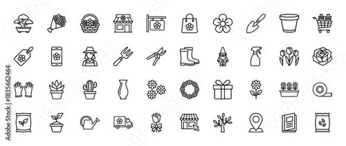 Gardening and floristry line icon set. vector pictograms of flowers, tools, plants, and store elements, thin outline illustration.