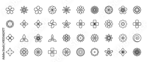 Floral line icon set. Vector pictograms of spring flowers, summer blooms, daisies, roses, petals, geometric plants and nature decoration, thin outline illustration.