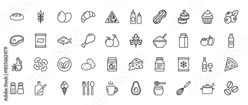 Food and cooking line icon set. Vector pictograms of bread, meat, milk, cheese, vegetables, fruits, and kitchen tools, thin outline illustration.