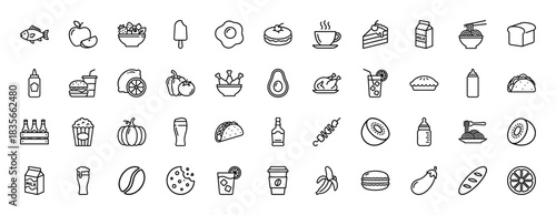 Food and drink line icon set. Vector pictograms of fish, apple, coffee, avocado, cake, milk, and tacos, thin outline illustration.