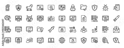 Cybersecurity line icon set. Vector pictograms of shield, bug, trojan, lock, bomb, and folder, thin outline illustration.