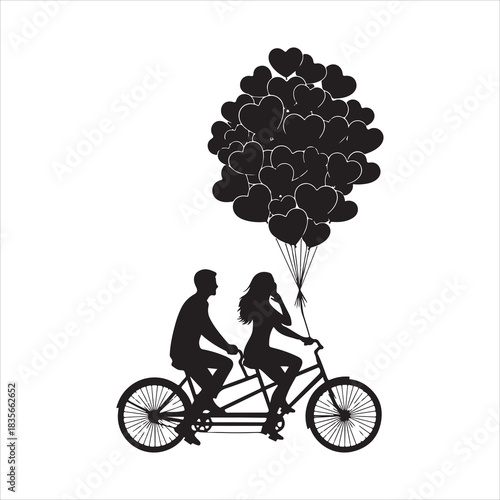 Couple silhouette on tandem bicycle with many heart balloons Vector