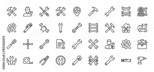 Maintenance and repair line icon set. Vector pictograms of tools, wrench, hammer, screwdriver, and equipment, thin outline illustration.