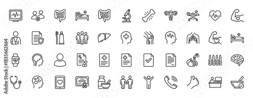 Medical and healthcare line icon set. Vector pictograms of heartbeat monitor, doctor, intestines, bed, microscope, bone, and brain, thin outline illustration.