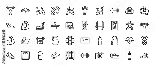 Fitness line icon set. Vector pictograms of weightlifting, running, cycling, boxing, gym equipment, and healthy lifestyle activities, thin outline illustration.