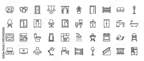 Interior design and furniture line icon set. Vector pictograms of sofa, lamp, bed, kitchen, bathroom, chair, window, door and home appliance, thin outline illustration.