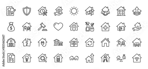 Real estate line icon set. Vector pictograms of house, mortgage, sale, rent, property, key, investment, contract, repair and agent, thin outline illustration.