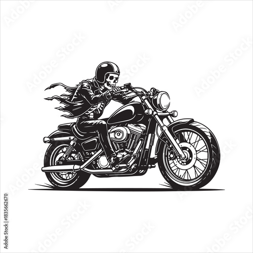 Skeleton biker riding a powerful custom motorcycle in classic style Vector