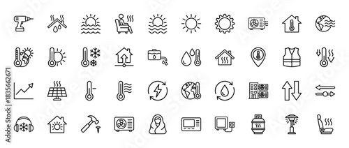 Hvac and climate control line icon set. Vector pictograms of thermostat, solar panel, sun, air conditioner, and home, thin outline illustration.