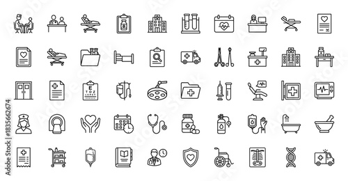 Medical healthcare line icon set. Vector pictograms of doctor, hospital, syringe, pill bottle, and ambulance, thin outline illustration.