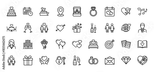 Wedding and dating line icon set. Vector pictograms of heart, ring, couple, champagne, gift, cake, calendar, letter and bed, thin outline illustration.