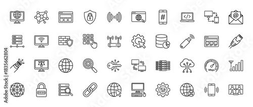 Technology and networking line icon set. Vector pictograms of server, firewall, globe, cloud computing, and wireless signal, thin outline illustration.