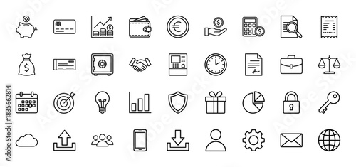 Finance and business line icon set. Vector pictograms of piggy bank, credit card, wallet, and calculator, thin outline illustration.
