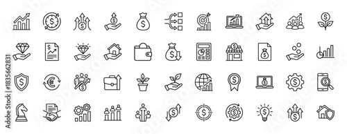 Finance and business line icon set. vector pictograms of growth charts, money bags, wallets, dollar signs, and diamond hands, thin outline illustration.