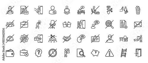 Employment issues and job termination line icon set. Vector pictograms of worker, contract, exit door, employee, resignation, and broken agreement, thin outline illustration.